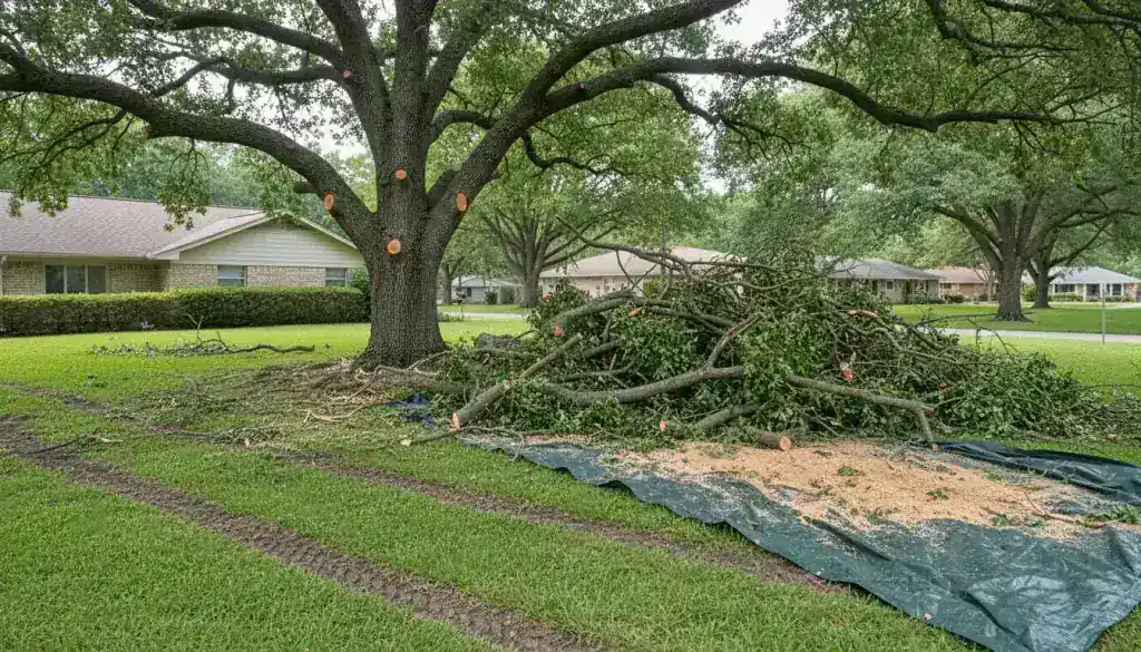 Brush pile gathered onto a tarp on a lawn under a large oak