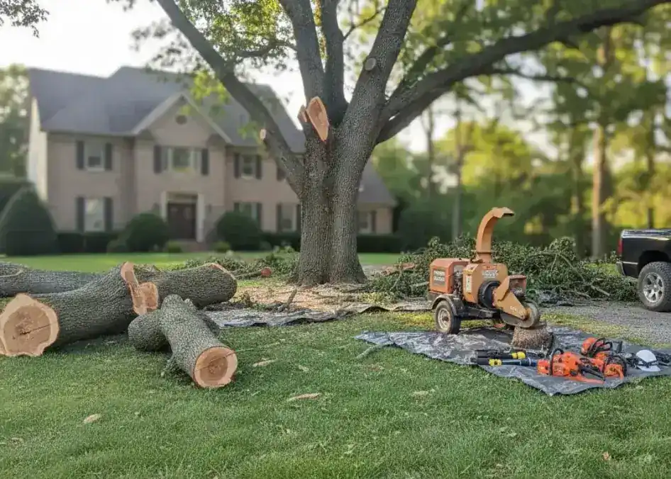 Cut trunk sections lying on a tarp beside a chipper on a lawn