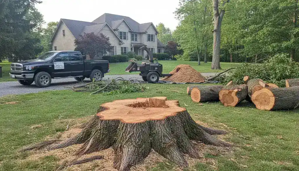 Freshly cut stump on a lawn with log rounds beside it and a pickup behind