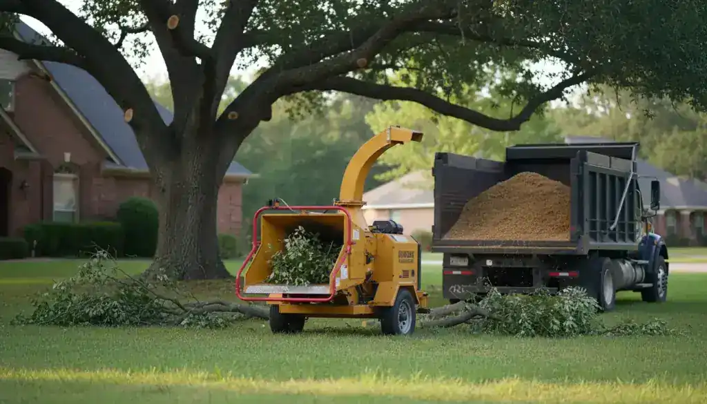 Yellow chipper feeding branches into a dump truck already loaded with wood chips