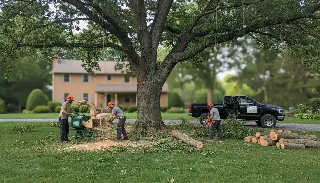 Crew working at the base of a large oak with a chipper and a pickup on the drive